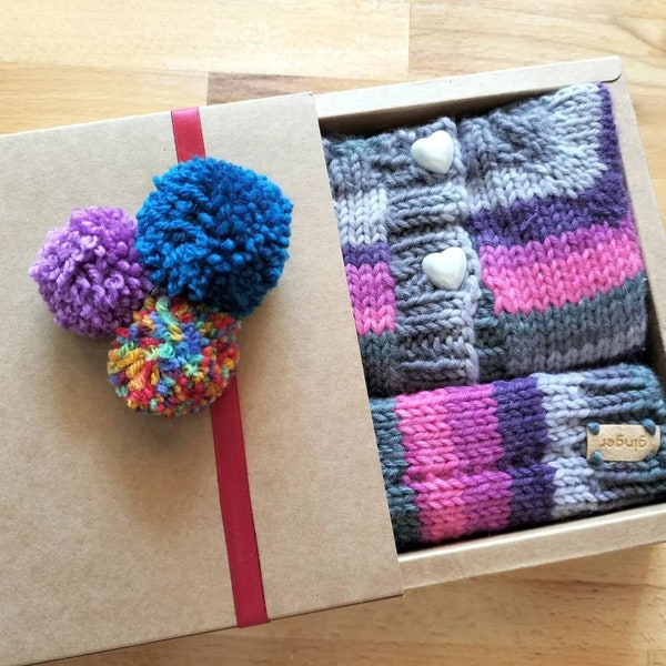 Knitted Baby Cardigan & Hat gift box, Stripe Beanie, Rainbow Sweater, baby shower gift, layette