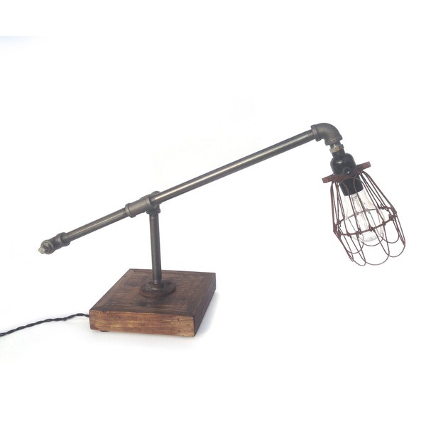 Edison Desk Lamp, Steel Pipe, Reclaimed Wood Base - BULB INCLUDED / Vintage Industrial Lamp / Steampunk Light / Table Lamp