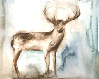 11 x 14 original-Aquarell von einem Hirsch