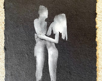 amanti acquerello originale pittura uomo e donna amore coppia abbracciare bianco e nero