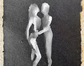 amanti acquerello originale pittura uomo e donna amore coppia abbracciare bianco e nero