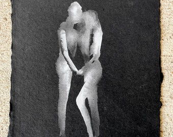 lovers original watercolor painting man and woman love couple embrace black and white