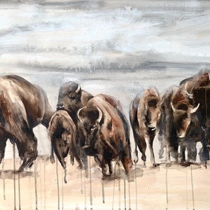 May include: A watercolor painting of a herd of bison walking through a field. The bison are brown and black, and the field is a light brown color. The sky is a light blue color with white clouds.