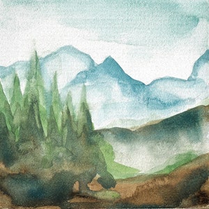 Fine art print reproduction of a watercolor landscape mountain painting