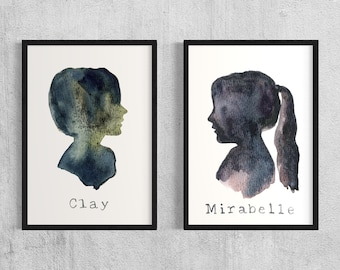 Set of two sibling silhouette watercolor portraits personalized handmade custom child face - made to order original paintings 3 x 5 inches
