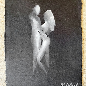 lovers original watercolor painting man and woman love couple embrace black and white