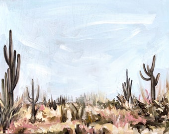 May include: A painting of a desert landscape with tall cacti in the foreground and a light blue sky in the background. The cacti are painted in shades of brown and green, and the sky is painted with white brushstrokes.