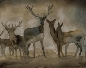 deer herd buck wildlife dark moody art print reproduction watercolor painting by Meredith O'Neal