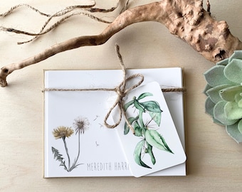 Stationary flat card set personalized watercolor botanical dandelion custom greeting cards