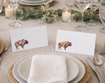 bison buffalo place cards for party wedding event watercolor buffalo custom cards stationary folded placecards set