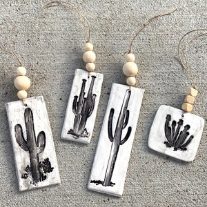 Cactus ornament set clay cactus ornaments handmade ink block black image 1