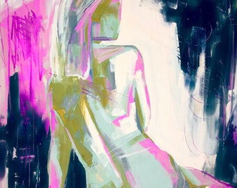 Bright colorful nude figurative art print reproduction abstract expressive blue pink green figure