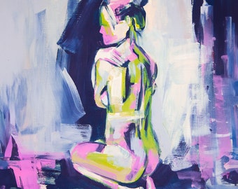 Figurative art nude figure art print expressive colorful vibrant sitting female