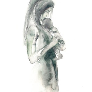 Mother and child newborn art print reproduction of original watercolor painting mom and child holding baby mothers Day