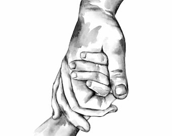 Hands art print reproduction of original watercolor painting father and child holding hands fathers day