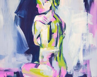 Colorful figure nude figurative art print reproduction abstract expressive blue pink green human form
