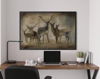 Deer herd buck wildlife canvas art print reproduction painting by Meredith ONeal