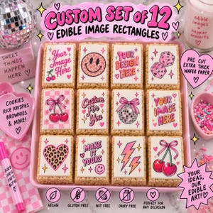 May include: A set of 12 rectangular edible wafer paper images featuring various pink and red designs including cherries, smiley faces, disco balls, hearts, dice, and lightning bolts, with text reading Custom Set of 12 Edible Image Rectangles.