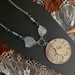 Sea glass necklace, blue sea glass necklace, compass necklace, silver necklace, beach necklace, charm necklace, Christmas gift for her