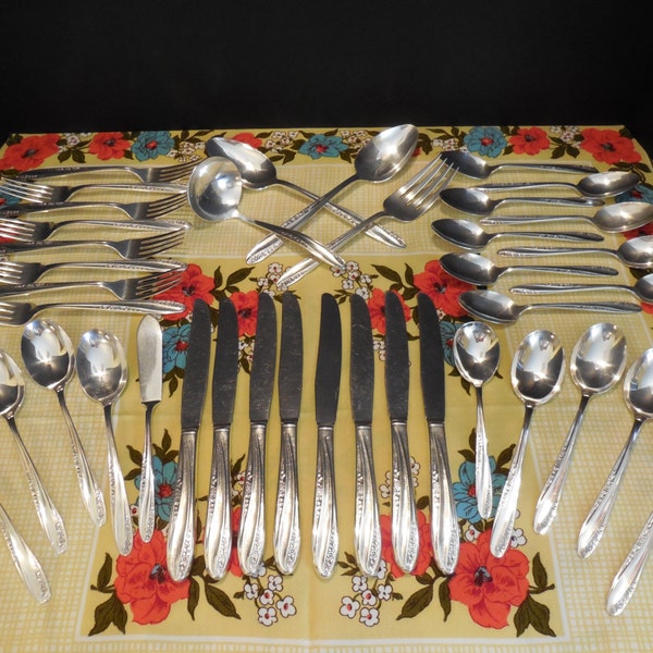 1955 MODERN PRECIOUS Silverplate Flatware Set for 8, Made by Wm. Rogers Mfg. Co Lovely Floral Pattern, 38 Piece Set w/ Cake Server