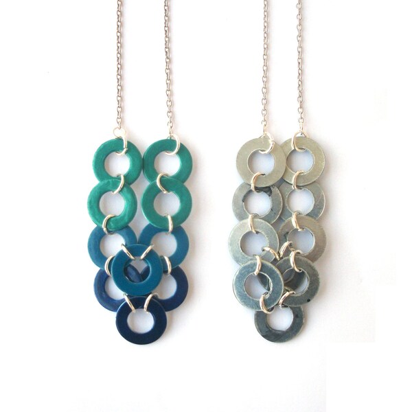 Ombre Geometric Necklace - Hand Painted Blue to Teal Washer Industrial Fashion Necklace