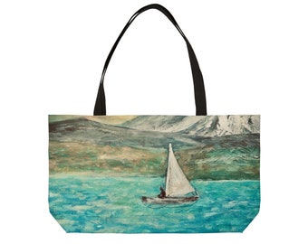 Weekender Tote Bag, Beach painting, Exclusive design, Large Bag, Gym Bag, Pick nick bag, Art to Wear, 24" x 13" Bag, Edith Graciela Art