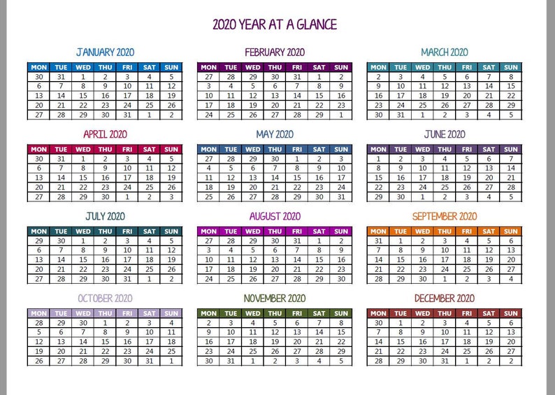 2020 Year At A Glance Calendar Etsy