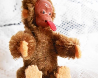 RARE Vintage Schuco, Obnoxious Mechanical Tongue, Funny Blecky Monkey, Mohair and Wool Felt in Excellent Condition