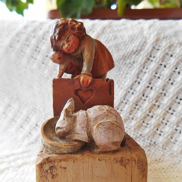 Vintage 1930's Hand Carved or Whittled Wood Miniature, Anri Style Wooden Carving, Little Girl Feeding a Rabbit, Depression Era Tramp Art