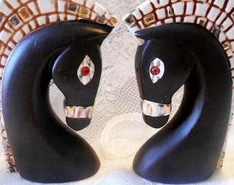 Vintage Relco of Japan, Mid Century Modern, Trojan Horse Salt & Pepper Shakers, Hand Painted, 1950&#39;s Mosaics, Rhinestone Eyes, Cork Stoppers