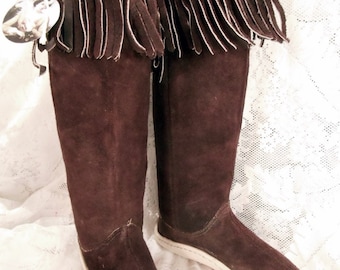 Warm Vintage Knee High Moccasins, Suede Tops With Fringe, Leather