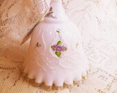Vintage Silvercrest Violets in the Snow Fenton Bell, Embossed Milk Glass, Clear Ruffled Edge, Hand Painted Violets, P. Brilliant