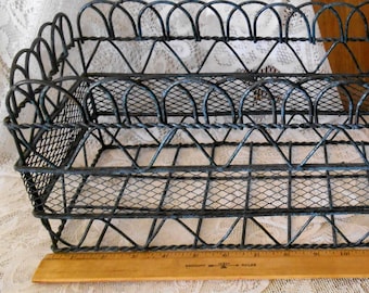 Vintage French Country Twisted Wire Planter Basket, Rustic Black Distressed Metal, Window Box Herb Caddy, Primitive Farmhouse Garden Decor