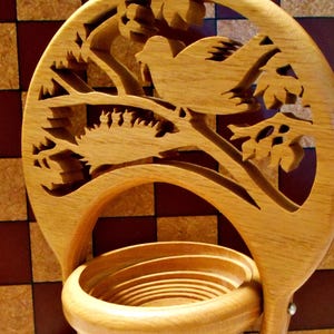 Vintage Freestanding Scroll Saw Collapsible Accordion Bowl, Handmade Oak Fretwork Novelty Candy Dish, Bird Feeding a Worm to Her Nestlings,