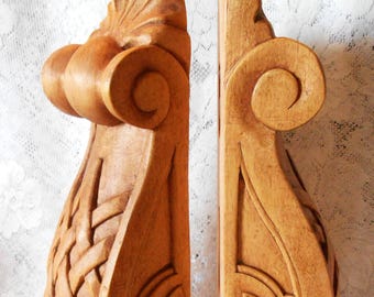PAIR of Vintage Hand Carved Wood Corbels, Olde World European Styling, Wooden Cottage to Mansion Decor, Excellent Condition 13&quot; Tall