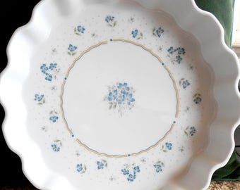 Vintage 1984 Shafford Pottery Provence Pattern Quiche Dish, Ruffled Edge, Delicate Blue Forget Me Not Design