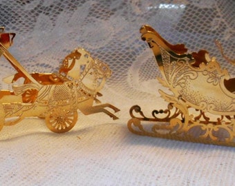 Vintage Gold Plated 3D Towle and Gorham Christmas Tree Ornaments, Santa&#39;s Sleigh & Horse Drawn Fairytale Carriage, Etched, Highly Detailed