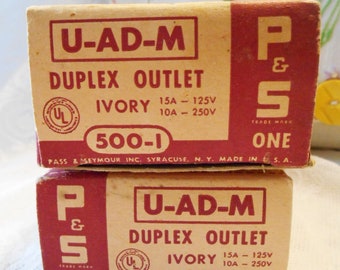 TWO Vintage P & S 500-1, Two Prong Duplex Outlets with Brackets in Original Boxes, New Old Stock Bakelite Electrical Receptacles, Never Used