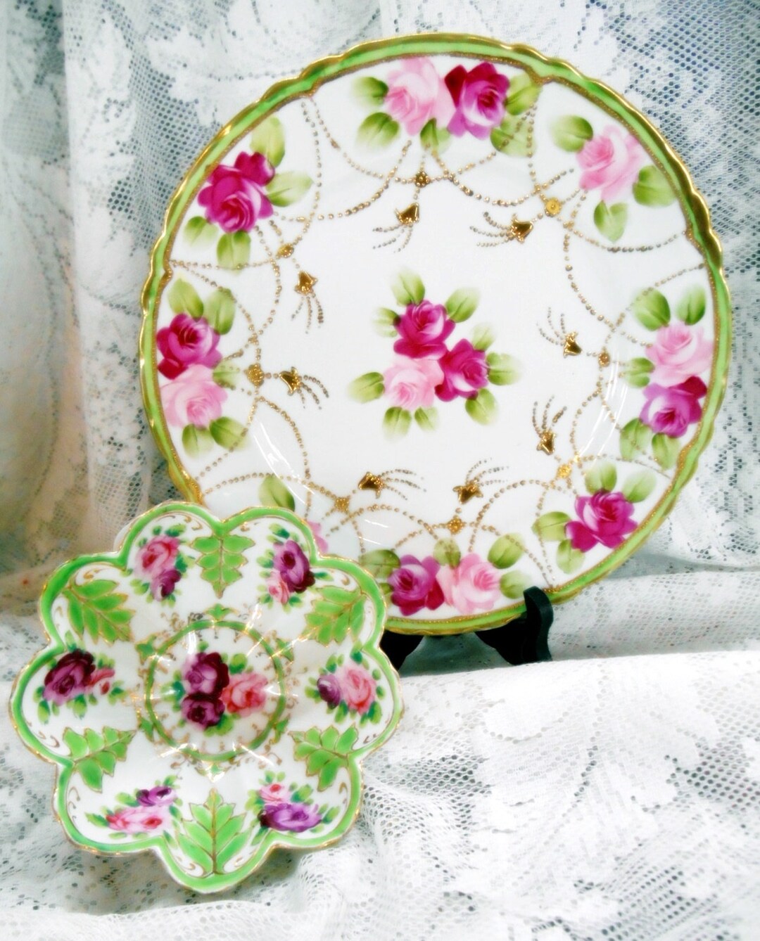Hand Painted Nippon China Plate and Fluted Rose Bowl