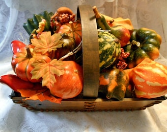 Vintage Laced Leather and Wood, Wooden Basket Filled With Artificial Gourds and Autumn Berries, Perfect Thanksgiving Centerpiece Décor