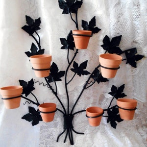 May include: A black metal wall-mounted planter with a vine-like design. The planter features eight small terracotta pots held in place by black metal rings. The vine has black leaf accents, creating a decorative and functional piece for displaying small plants.