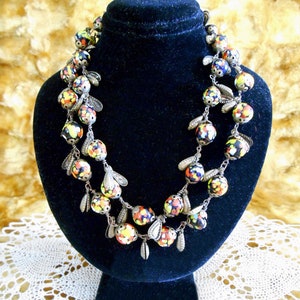 Vintage 1920&#39;s Flapper, Lampwork, Fused Glass Bead and Necklace with Silver Charms On Copper Wire, Can Be Worn As a Double or Single Strand