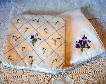 Pair Of Vintage Embroidered Silk Panne Lingerie Pocket Bags, Silk Stocking Storage, Violet Flower Embroidery, Excellent Condition