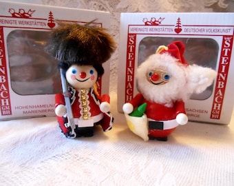 TWO Vintage German Steinbach, Wooden Christmas Ornaments In Boxes, A Beefeater or Yeoman Guardsman and A Jolly Old Saint Nick...Santa Clause