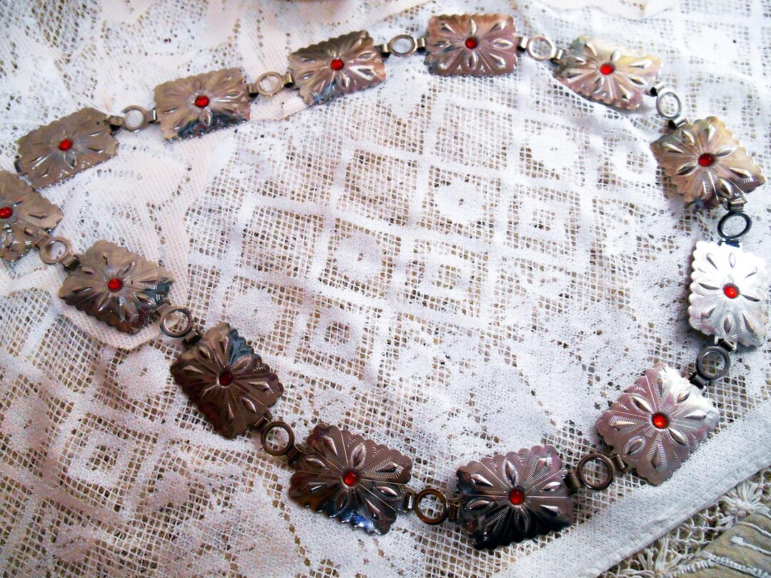 Vintage Steel Concho Belt, Red Rhinestones, Embossed Native American ...