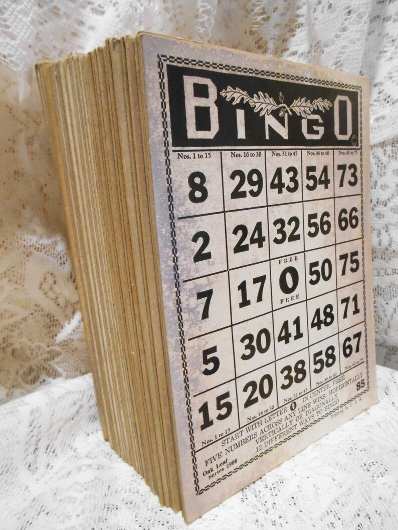 30 Avail. Wonderful Patina Scrapbooking 7 14 by 5 12 Bingo Cards Eclectic D\u00e9cor Heavy Card Oak Leaf and Acorn Logo Vintage 1040/'s