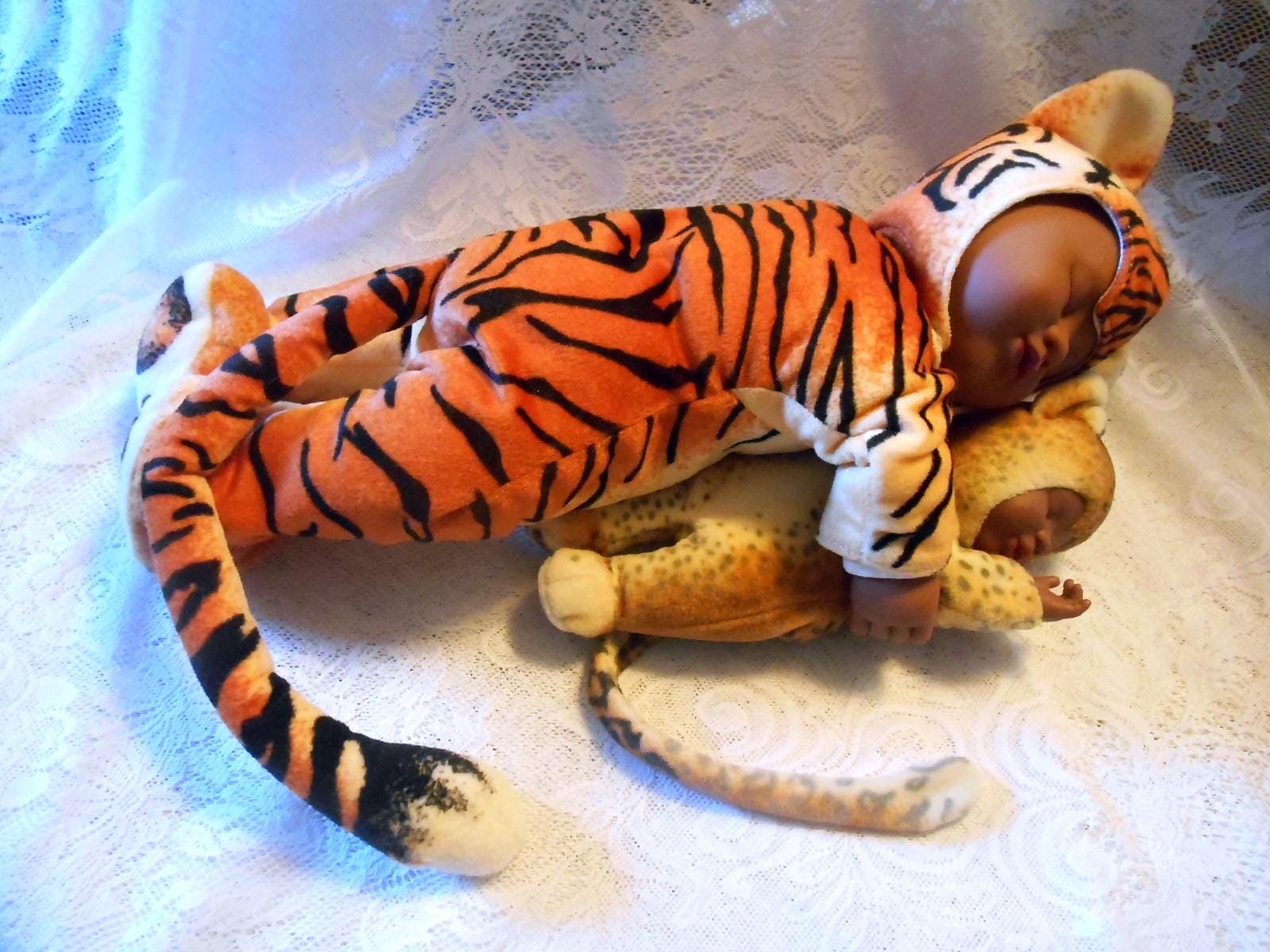 Pair of Adorable Vintage Anne Geddes, Black African American Tiger and Leopard Dolls, Doll, Sleeping Babies, Minty Condition