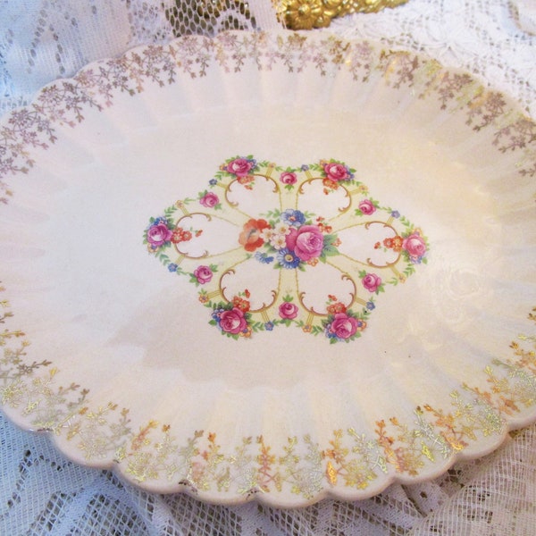 Vintage Trojan for Sebring Platter, Roses and Forget-M-Nots, 22K Fortune, Tudor Gold Pattern, Gold Filigree Trim, Very Good Condition