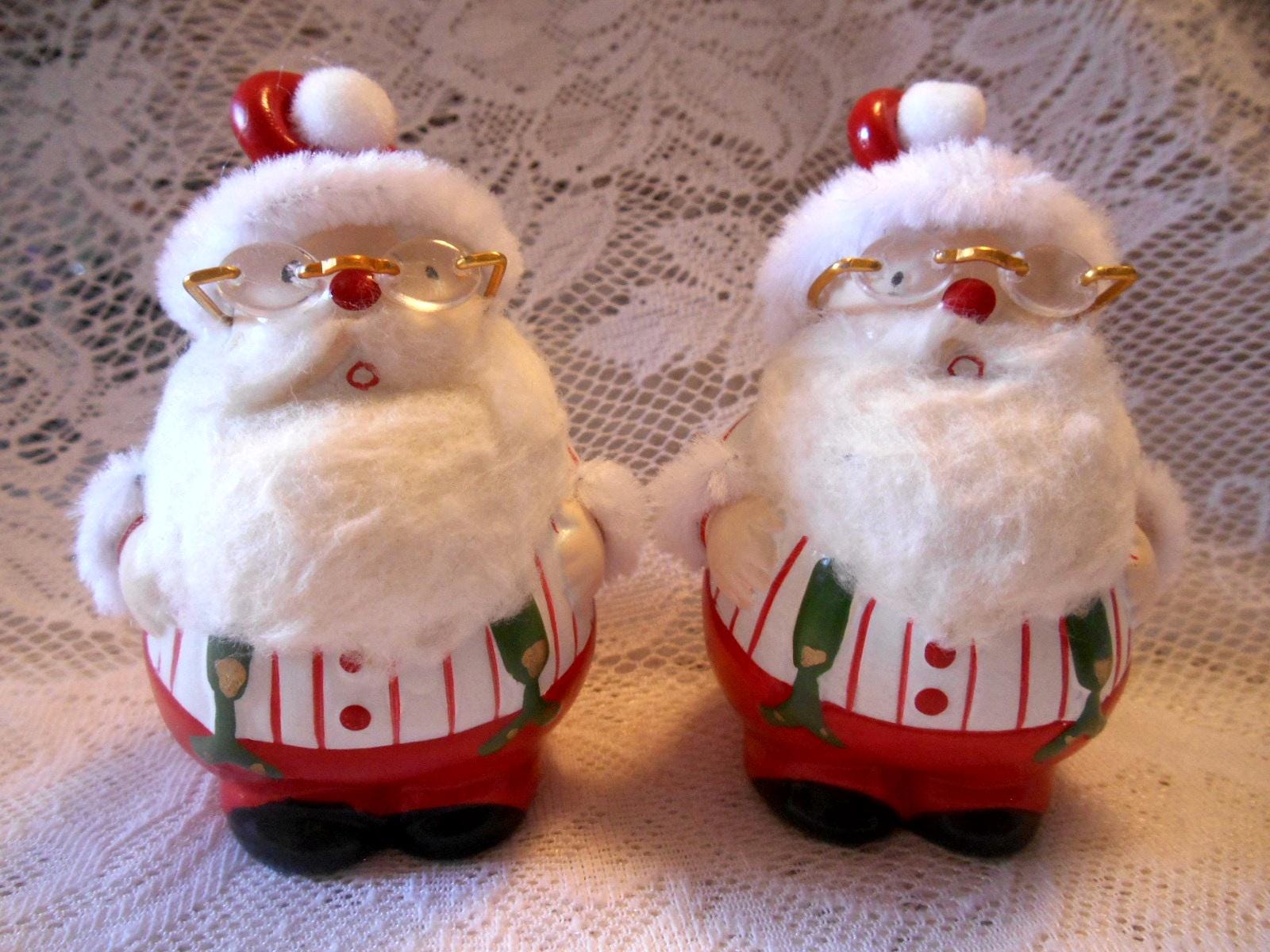 RARE Vintage 1970's, Novelty Santa Clause, Hand Painted Salt and Pepper Shakers With Cotton Beards & Wire Rim Glasses, Right Jolly Old Elves