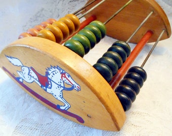 Rare Vintage 1950&#39;s Wooden Child&#39;s Abacus Toy, Painted Hobby or Rocking Horse, Wood Beads, Teach Colors, Counting, Subtraction & Addition